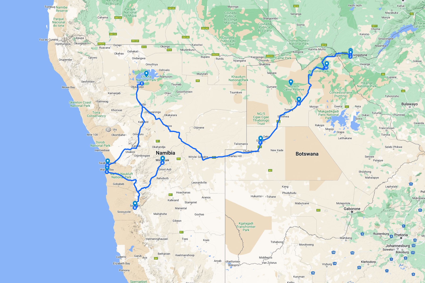 纳米比亚、博茨瓦纳、赞比亚、津巴布韦14日游路线地图